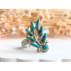 Southwest Style Bouquet Turquoise Accented Sterling Silver Vintage Ring - sz 8